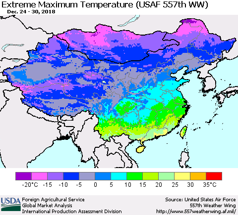 China and Taiwan Maximum Daily Temperature (USAF 557th WW) Thematic Map For 12/24/2018 - 12/30/2018