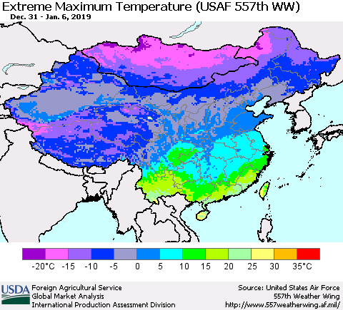China and Taiwan Maximum Daily Temperature (USAF 557th WW) Thematic Map For 12/31/2018 - 1/6/2019