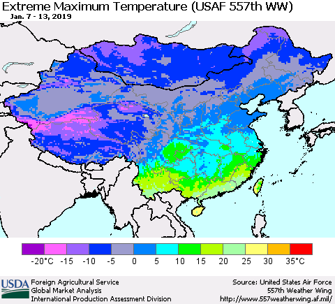 China and Taiwan Maximum Daily Temperature (USAF 557th WW) Thematic Map For 1/7/2019 - 1/13/2019