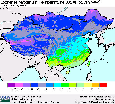 China, Mongolia and Taiwan Maximum Daily Temperature (USAF 557th WW) Thematic Map For 1/14/2019 - 1/20/2019