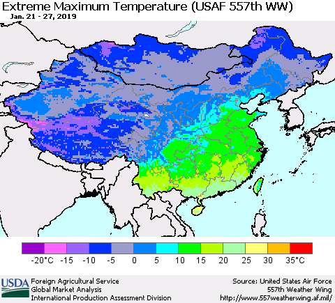 China and Taiwan Maximum Daily Temperature (USAF 557th WW) Thematic Map For 1/21/2019 - 1/27/2019