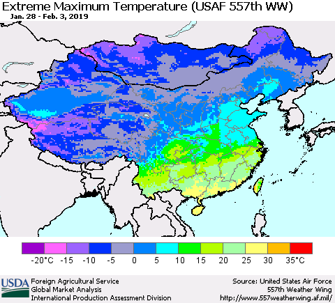 China, Mongolia and Taiwan Maximum Daily Temperature (USAF 557th WW) Thematic Map For 1/28/2019 - 2/3/2019
