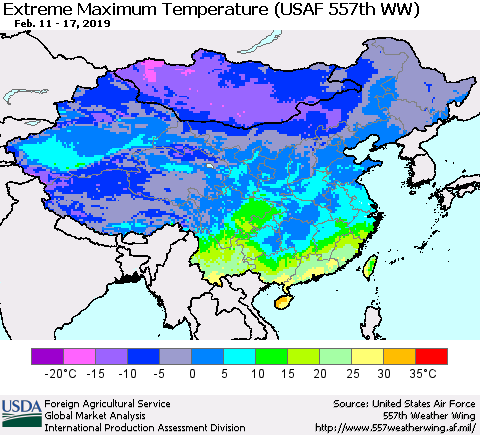 China and Taiwan Maximum Daily Temperature (USAF 557th WW) Thematic Map For 2/11/2019 - 2/17/2019