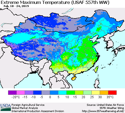 China, Mongolia and Taiwan Maximum Daily Temperature (USAF 557th WW) Thematic Map For 2/18/2019 - 2/24/2019