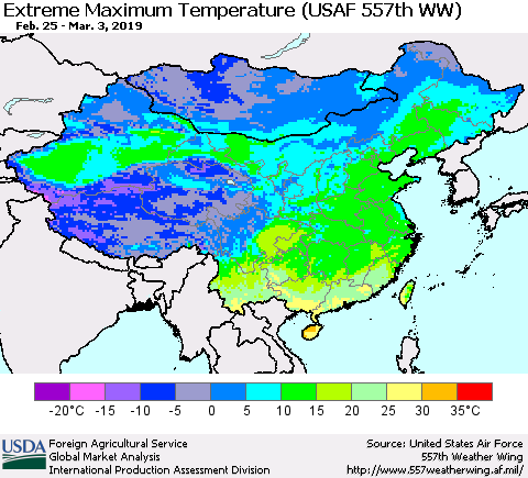 China and Taiwan Maximum Daily Temperature (USAF 557th WW) Thematic Map For 2/25/2019 - 3/3/2019
