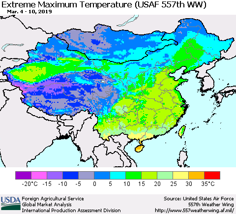 China and Taiwan Maximum Daily Temperature (USAF 557th WW) Thematic Map For 3/4/2019 - 3/10/2019