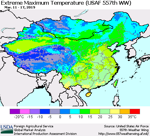 China and Taiwan Maximum Daily Temperature (USAF 557th WW) Thematic Map For 3/11/2019 - 3/17/2019