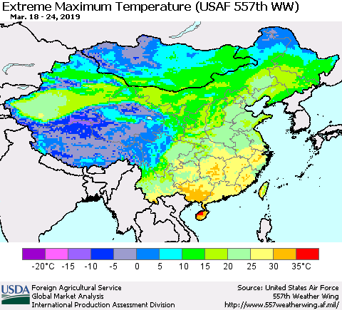 China and Taiwan Maximum Daily Temperature (USAF 557th WW) Thematic Map For 3/18/2019 - 3/24/2019