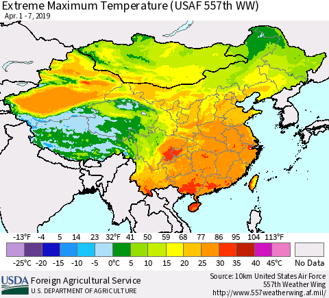 China and Taiwan Maximum Daily Temperature (USAF 557th WW) Thematic Map For 4/1/2019 - 4/7/2019