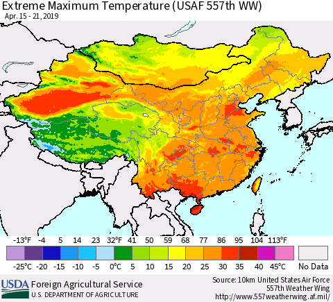China and Taiwan Maximum Daily Temperature (USAF 557th WW) Thematic Map For 4/15/2019 - 4/21/2019