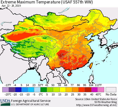 China, Mongolia and Taiwan Maximum Daily Temperature (USAF 557th WW) Thematic Map For 4/22/2019 - 4/28/2019