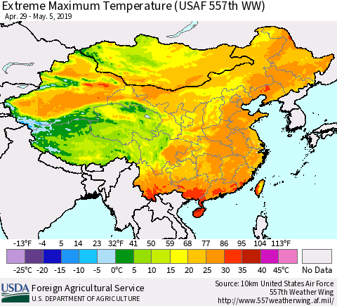 China and Taiwan Maximum Daily Temperature (USAF 557th WW) Thematic Map For 4/29/2019 - 5/5/2019