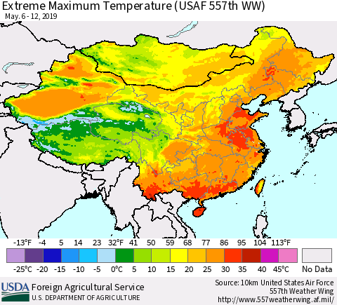 China and Taiwan Extreme Maximum Temperature (USAF 557th WW) Thematic Map For 5/6/2019 - 5/12/2019