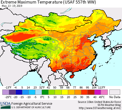 China and Taiwan Extreme Maximum Temperature (USAF 557th WW) Thematic Map For 5/13/2019 - 5/19/2019