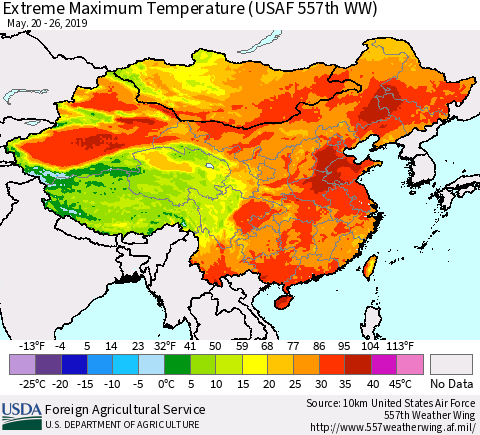 China and Taiwan Extreme Maximum Temperature (USAF 557th WW) Thematic Map For 5/20/2019 - 5/26/2019