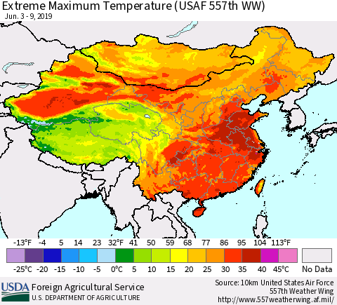 China, Mongolia and Taiwan Maximum Daily Temperature (USAF 557th WW) Thematic Map For 6/3/2019 - 6/9/2019
