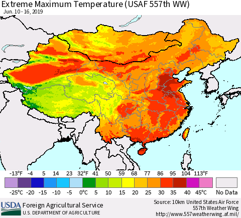 China and Taiwan Maximum Daily Temperature (USAF 557th WW) Thematic Map For 6/10/2019 - 6/16/2019
