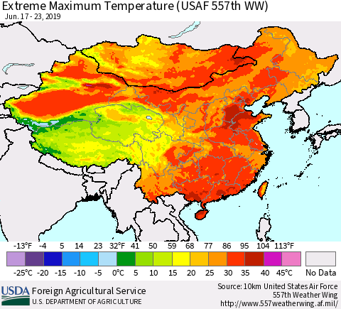 China and Taiwan Extreme Maximum Temperature (USAF 557th WW) Thematic Map For 6/17/2019 - 6/23/2019