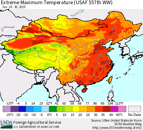 China and Taiwan Extreme Maximum Temperature (USAF 557th WW) Thematic Map For 6/24/2019 - 6/30/2019
