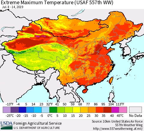China and Taiwan Extreme Maximum Temperature (USAF 557th WW) Thematic Map For 7/8/2019 - 7/14/2019