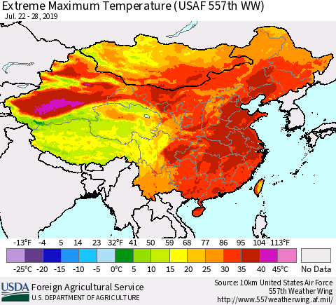 China and Taiwan Extreme Maximum Temperature (USAF 557th WW) Thematic Map For 7/22/2019 - 7/28/2019