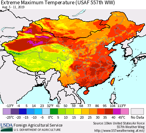 China and Taiwan Extreme Maximum Temperature (USAF 557th WW) Thematic Map For 8/5/2019 - 8/11/2019