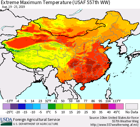 China and Taiwan Extreme Maximum Temperature (USAF 557th WW) Thematic Map For 8/19/2019 - 8/25/2019