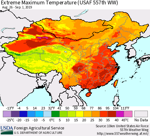 China and Taiwan Extreme Maximum Temperature (USAF 557th WW) Thematic Map For 8/26/2019 - 9/1/2019