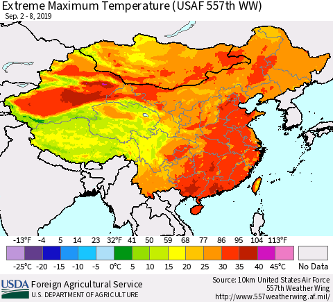 China and Taiwan Extreme Maximum Temperature (USAF 557th WW) Thematic Map For 9/2/2019 - 9/8/2019