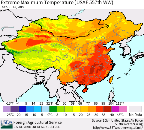China, Mongolia and Taiwan Maximum Daily Temperature (USAF 557th WW) Thematic Map For 9/9/2019 - 9/15/2019