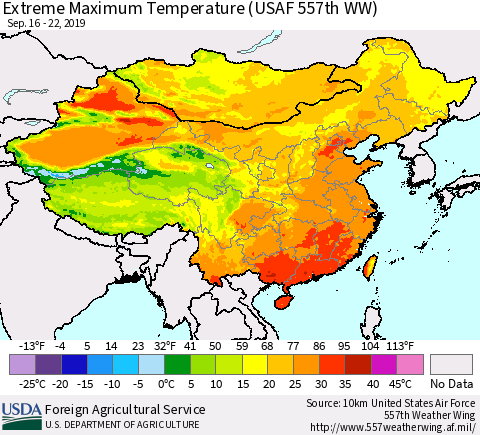 China and Taiwan Extreme Maximum Temperature (USAF 557th WW) Thematic Map For 9/16/2019 - 9/22/2019