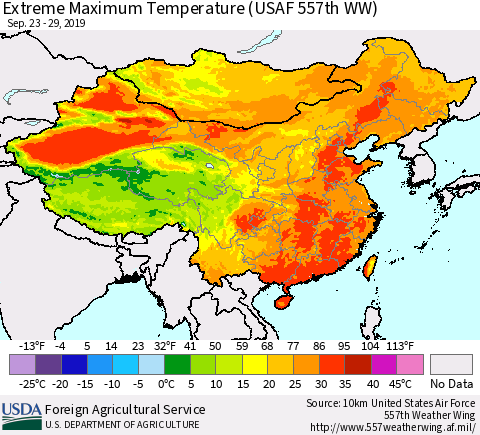 China and Taiwan Extreme Maximum Temperature (USAF 557th WW) Thematic Map For 9/23/2019 - 9/29/2019
