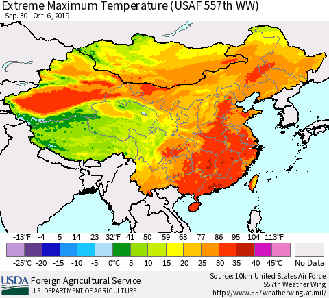 China and Taiwan Extreme Maximum Temperature (USAF 557th WW) Thematic Map For 9/30/2019 - 10/6/2019