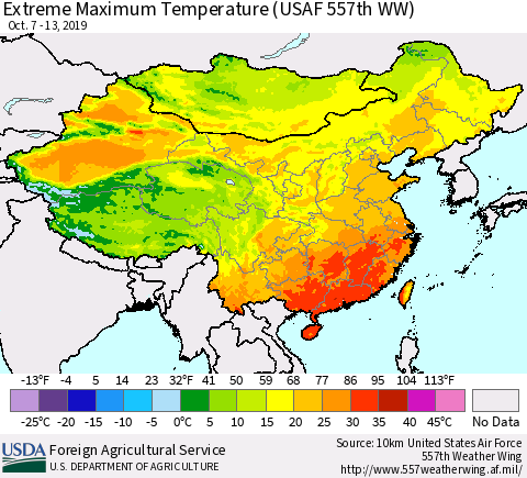 China and Taiwan Extreme Maximum Temperature (USAF 557th WW) Thematic Map For 10/7/2019 - 10/13/2019
