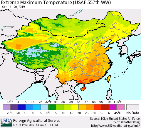 China, Mongolia and Taiwan Maximum Daily Temperature (USAF 557th WW) Thematic Map For 10/14/2019 - 10/20/2019