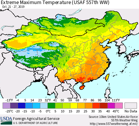 China and Taiwan Extreme Maximum Temperature (USAF 557th WW) Thematic Map For 10/21/2019 - 10/27/2019