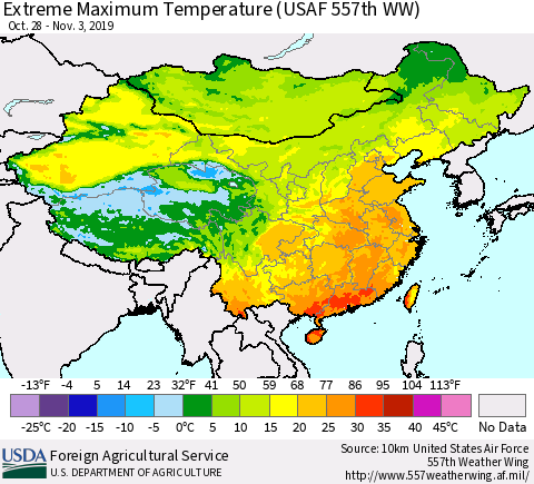 China and Taiwan Extreme Maximum Temperature (USAF 557th WW) Thematic Map For 10/28/2019 - 11/3/2019