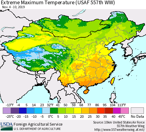 China, Mongolia and Taiwan Maximum Daily Temperature (USAF 557th WW) Thematic Map For 11/4/2019 - 11/10/2019