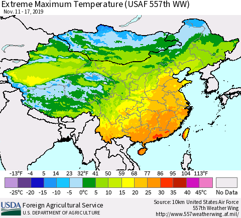 China, Mongolia and Taiwan Maximum Daily Temperature (USAF 557th WW) Thematic Map For 11/11/2019 - 11/17/2019