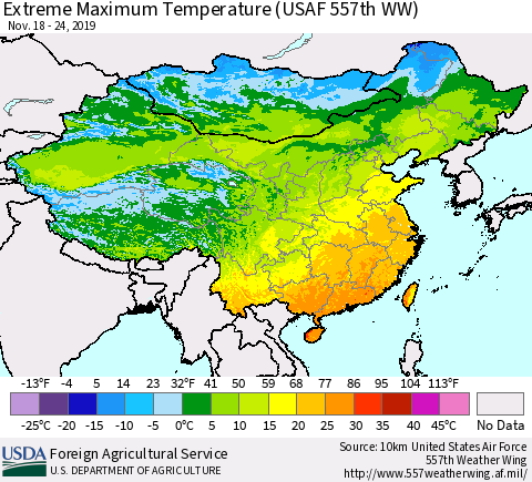 China, Mongolia and Taiwan Maximum Daily Temperature (USAF 557th WW) Thematic Map For 11/18/2019 - 11/24/2019