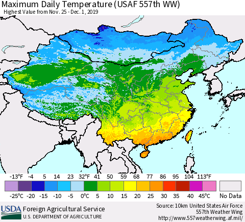 China, Mongolia and Taiwan Maximum Daily Temperature (USAF 557th WW) Thematic Map For 11/25/2019 - 12/1/2019