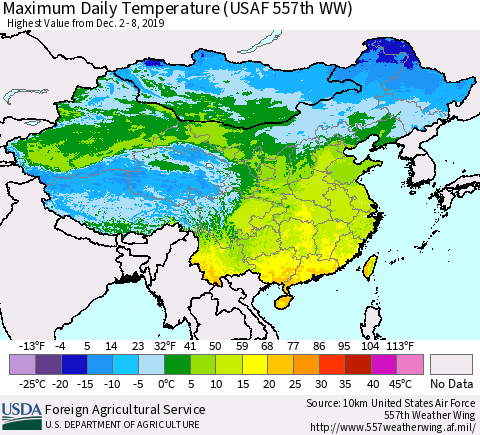 China, Mongolia and Taiwan Maximum Daily Temperature (USAF 557th WW) Thematic Map For 12/2/2019 - 12/8/2019