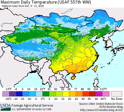 China, Mongolia and Taiwan Maximum Daily Temperature (USAF 557th WW) Thematic Map For 12/9/2019 - 12/15/2019