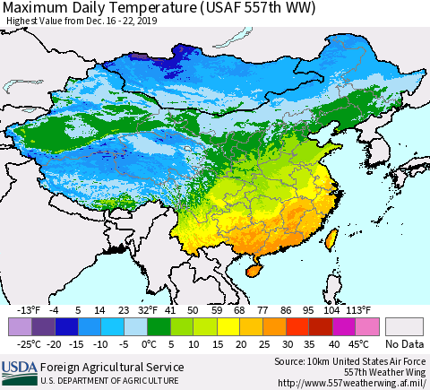 China, Mongolia and Taiwan Maximum Daily Temperature (USAF 557th WW) Thematic Map For 12/16/2019 - 12/22/2019