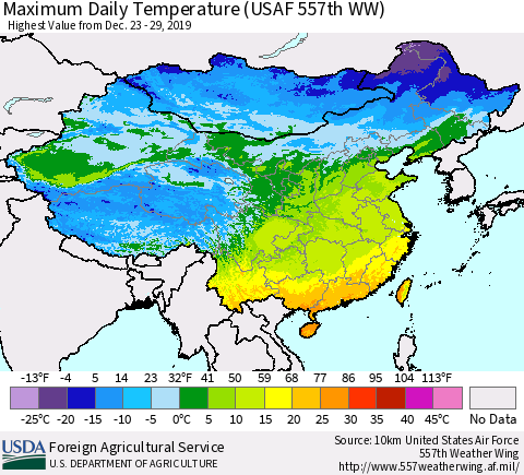 China, Mongolia and Taiwan Maximum Daily Temperature (USAF 557th WW) Thematic Map For 12/23/2019 - 12/29/2019