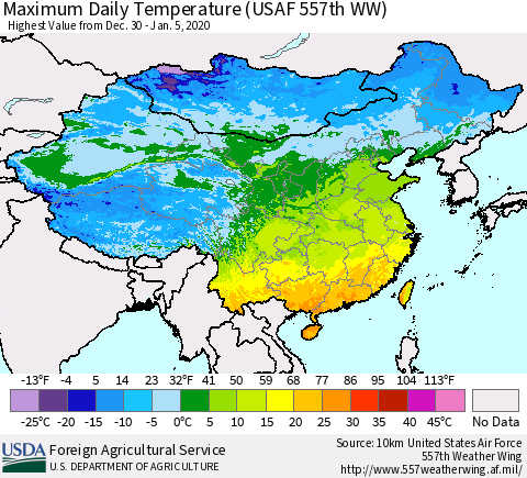 China, Mongolia and Taiwan Maximum Daily Temperature (USAF 557th WW) Thematic Map For 12/30/2019 - 1/5/2020