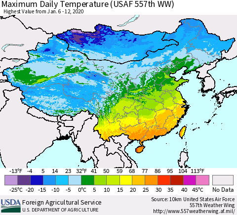 China, Mongolia and Taiwan Maximum Daily Temperature (USAF 557th WW) Thematic Map For 1/6/2020 - 1/12/2020