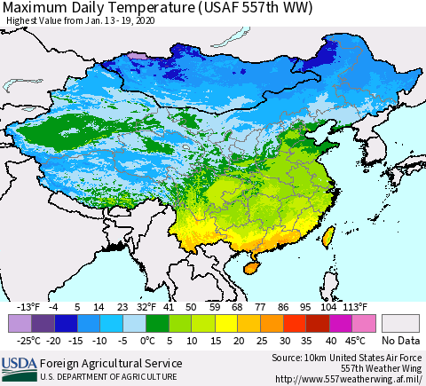 China, Mongolia and Taiwan Maximum Daily Temperature (USAF 557th WW) Thematic Map For 1/13/2020 - 1/19/2020