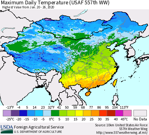 China, Mongolia and Taiwan Maximum Daily Temperature (USAF 557th WW) Thematic Map For 1/20/2020 - 1/26/2020