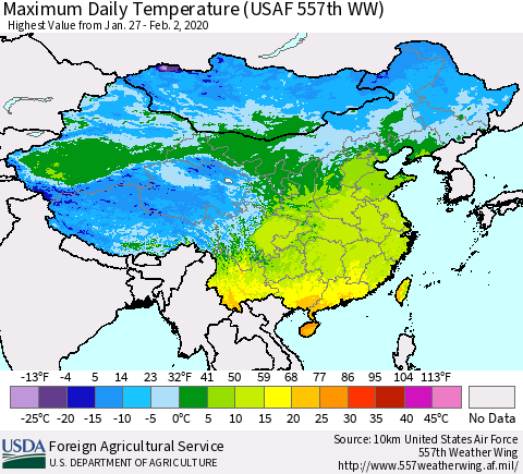 China, Mongolia and Taiwan Maximum Daily Temperature (USAF 557th WW) Thematic Map For 1/27/2020 - 2/2/2020